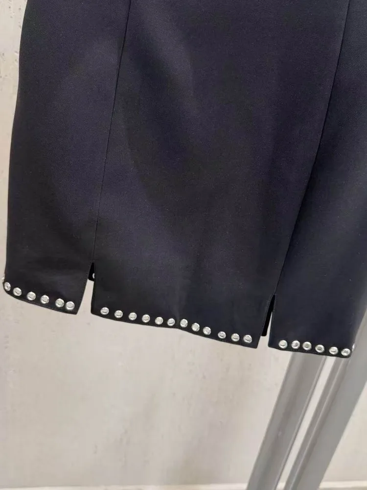 Summer Office Ladies Simple Style Rivet Decoration Skirts Slim Above Knee Length Skirt High Waist Womens A-line Mini Wrap Skirts