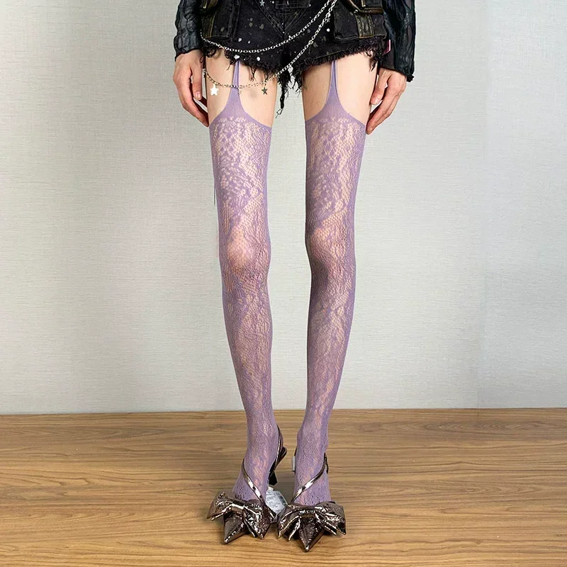 Lolita Süße Mädchen Punk-Stil Blumenstrumpfhose Bunte Oberschenkelhohe Strümpfe Transparente Netzstrumpfhose Strumpfgürtel Strumpfhosen – Detail 8
