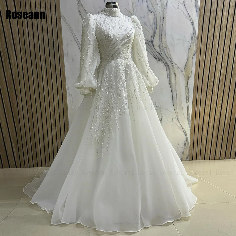 Personalizado muçulmano moda a linha vestidos de casamento drapeado plissado paillette pérolas plissado escova trem vestido de noiva robe de mariée