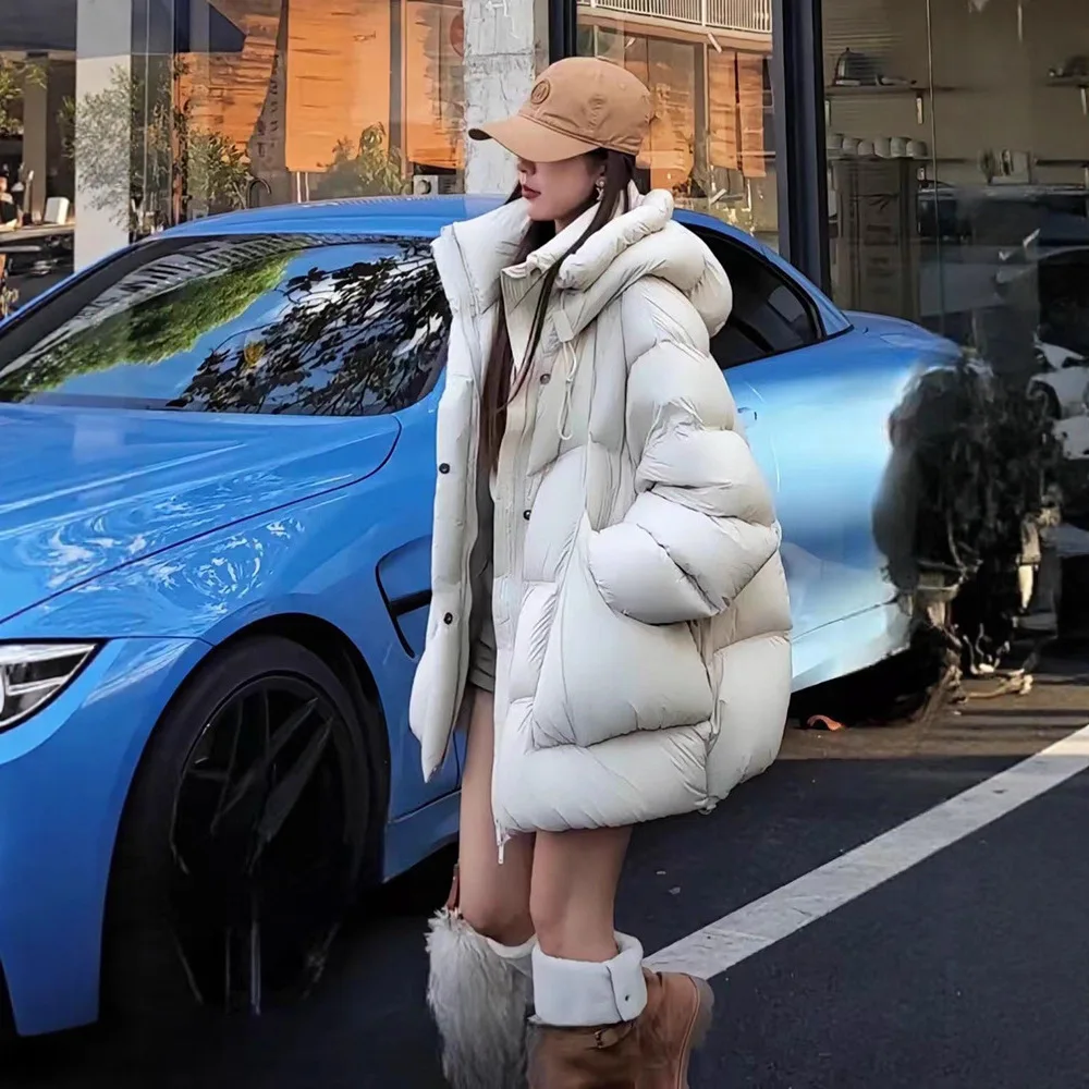 معطف شتوي جديد لعام 2025 بقلنسوة فضفاض كبير شرنقة دافئة منتفخة معطف نسائي غير رسمي متوسط الطول سترة بيضاء مبطنة سترة خارجية #4