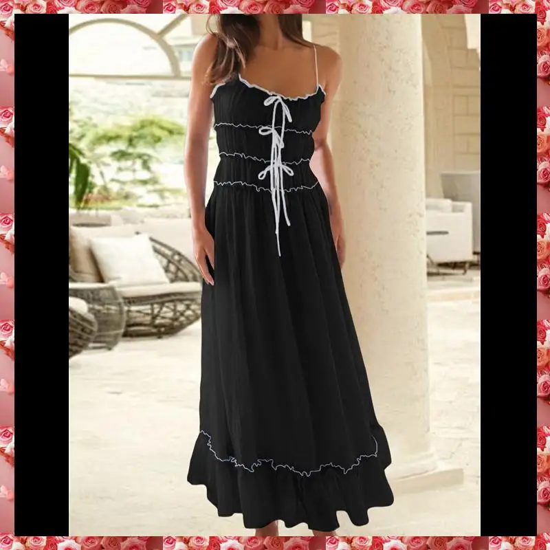 Womens 2025 Summer Dress Casual Sleeveless Spaghetti Strap RIC Rac Trim Smocked Ruffle Beach Long Maxi Dress