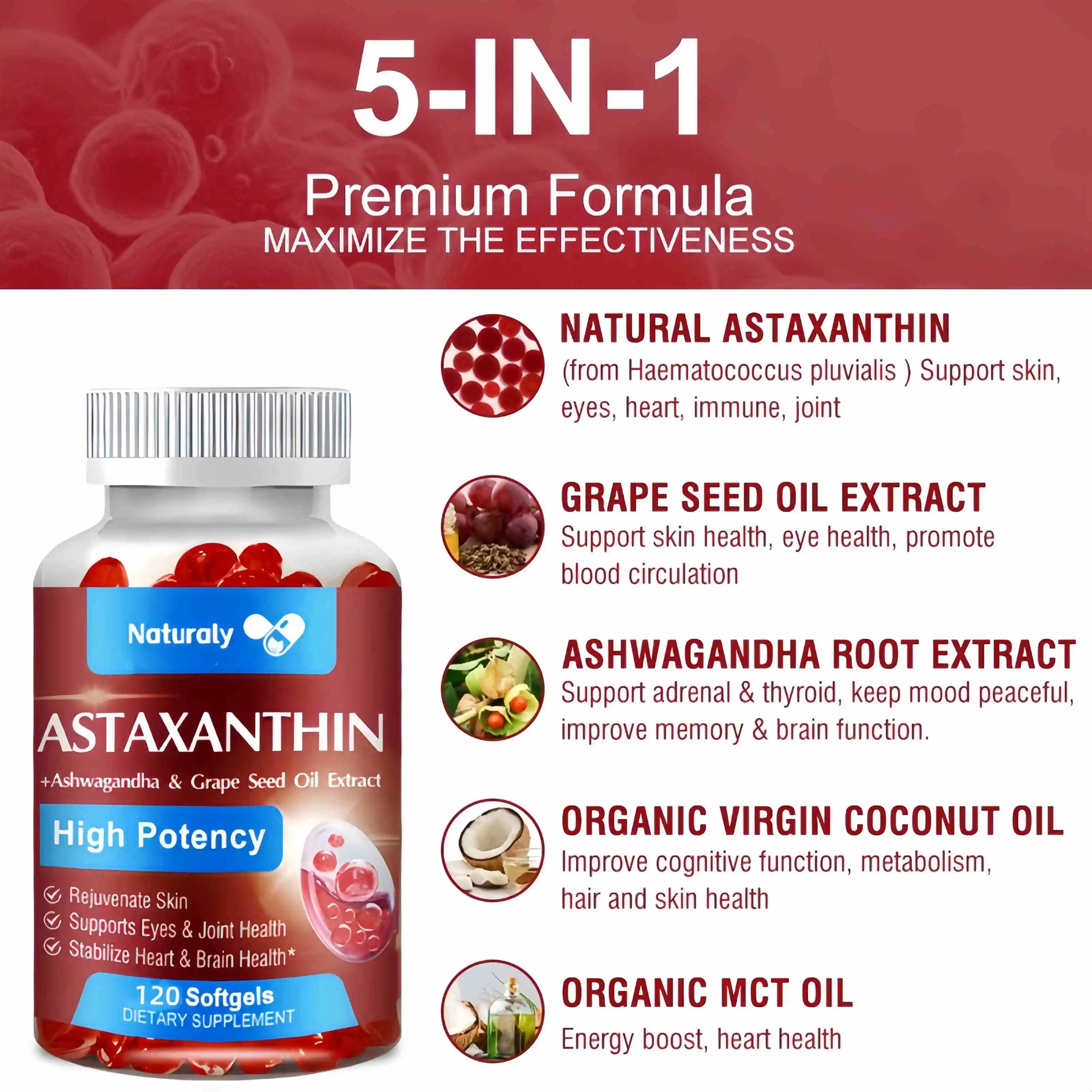 Astaxanthin Supplement with Grapeseed Oil, Ashwagandha Extract, Organic Coconut Oil, and MCT Oil for Joint Health and Immunity