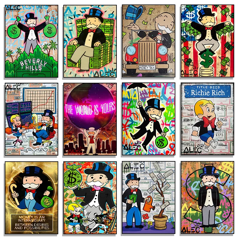Póster de Lona con Diseño de Alec Monopoly Millionaire, Estilo Graffiti Urbano Moderno, Impresiones Decorativas para Pared, Regalos para Habitaciones, Decoración del Hogar