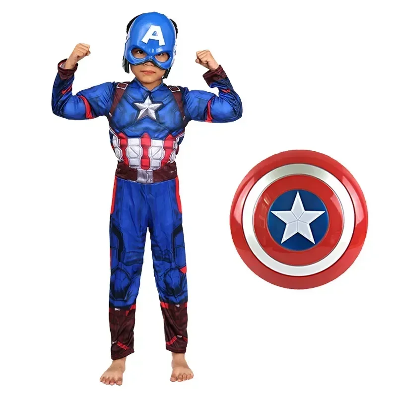 Captain America Muscle Costume Cosplay Superhero Captain America Muscle Jumpsuit Shield Halloween Carnival Party Costume for Kid