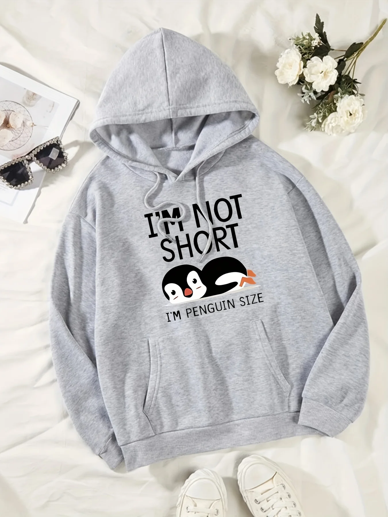 Eu não sou curto, sou pinguim tamanho engraçado impressão feminina com capuz moda bonito hoodies básico casual com capuz velo quente o-pescoço roupas