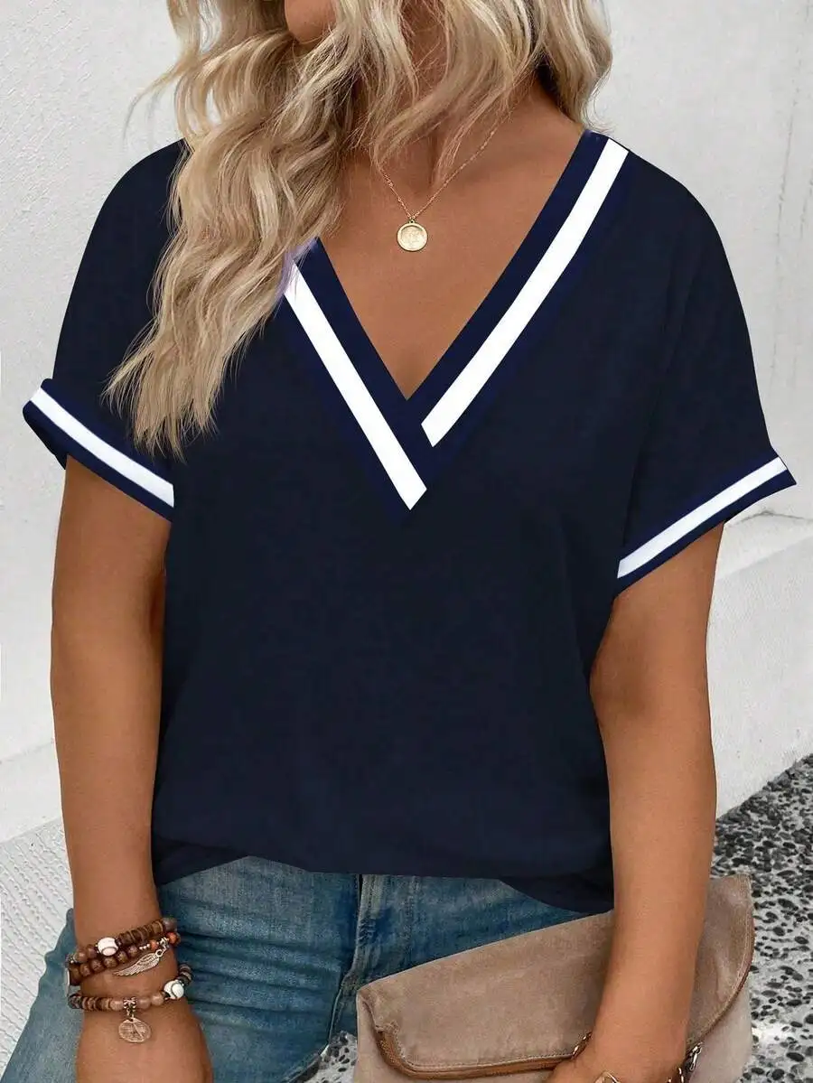 

Plus Size V-Neck Contrast Trim Short Sleeve T-Shirt Summer Casual Top