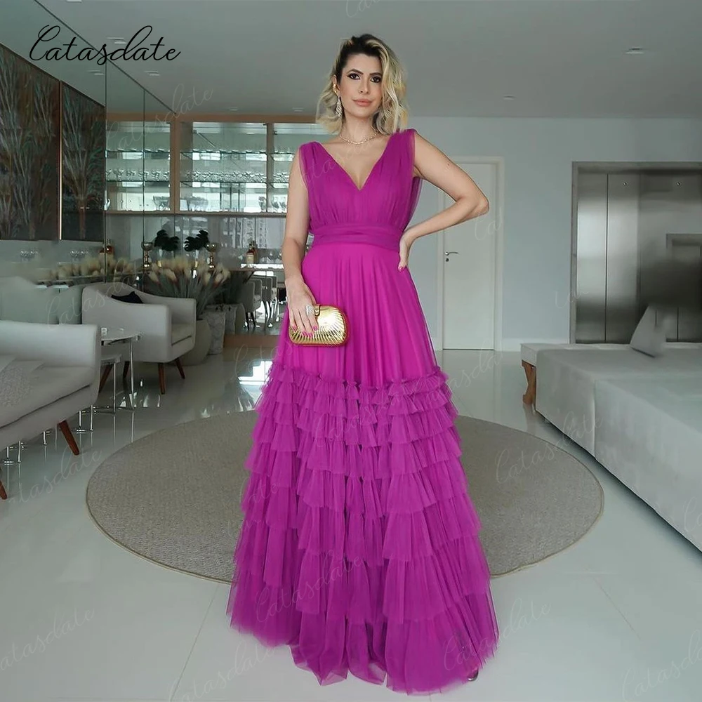 Catasdate Maxi Evening Dress A Line Formal Occasion Dresses for Wedding Ceremony V Neck Elegant Dress for Special Events vestido