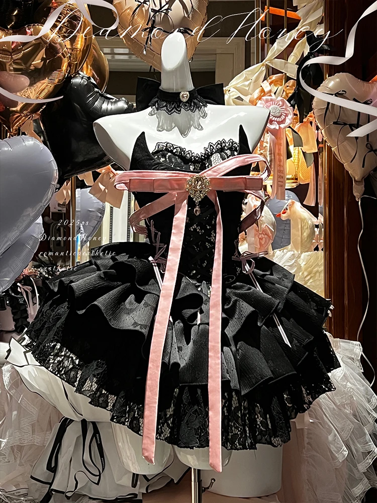 DH Original Design Sweet Girls Big Pink Bow Tie Cute Dress Slim Sexy Princess Birthday Party Mini Black Ball Gown Dress Vestido