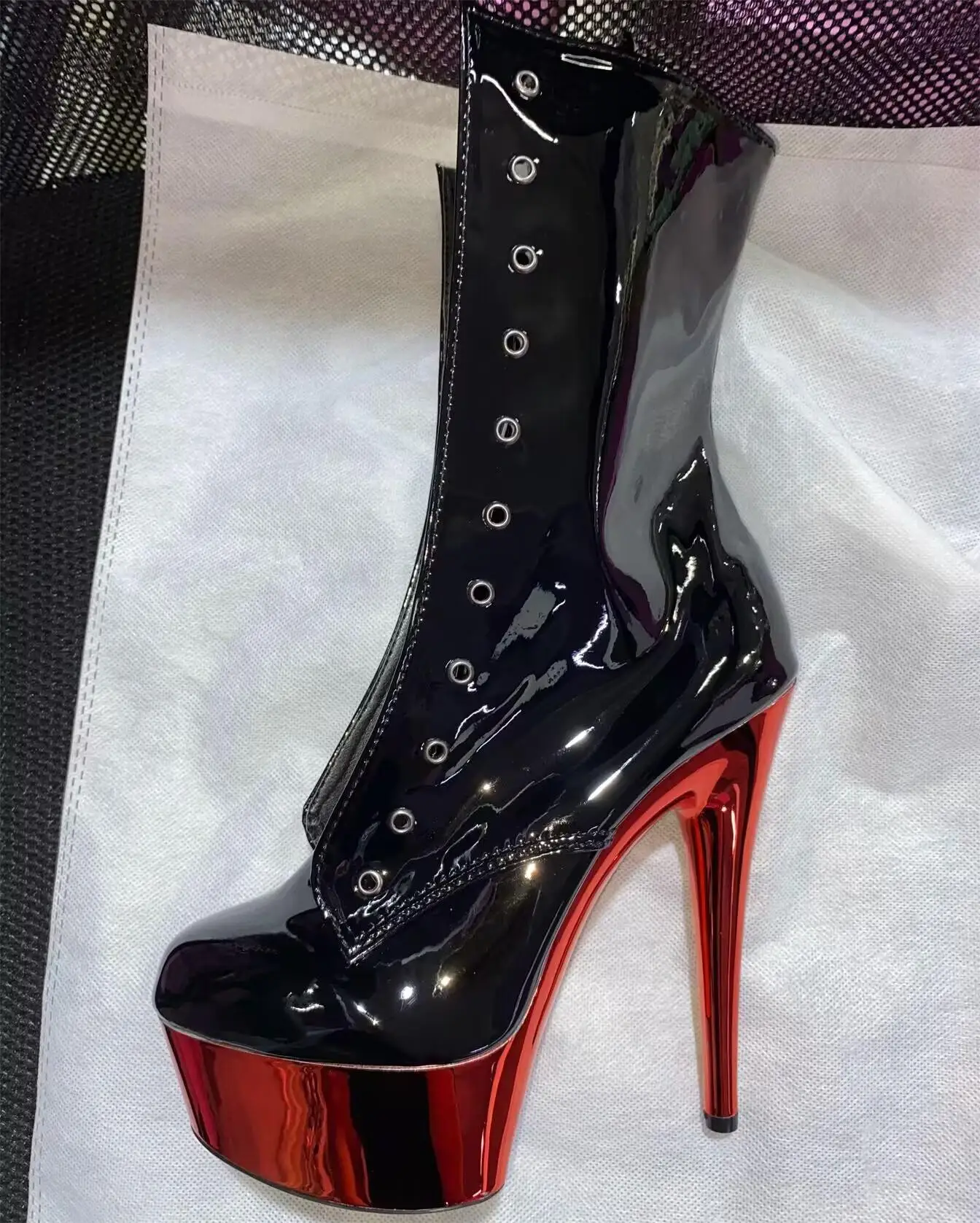 Fashion super high heels, black and red 15cm classic ankle boots, 6 inch stiletto pole dancing ankle boots