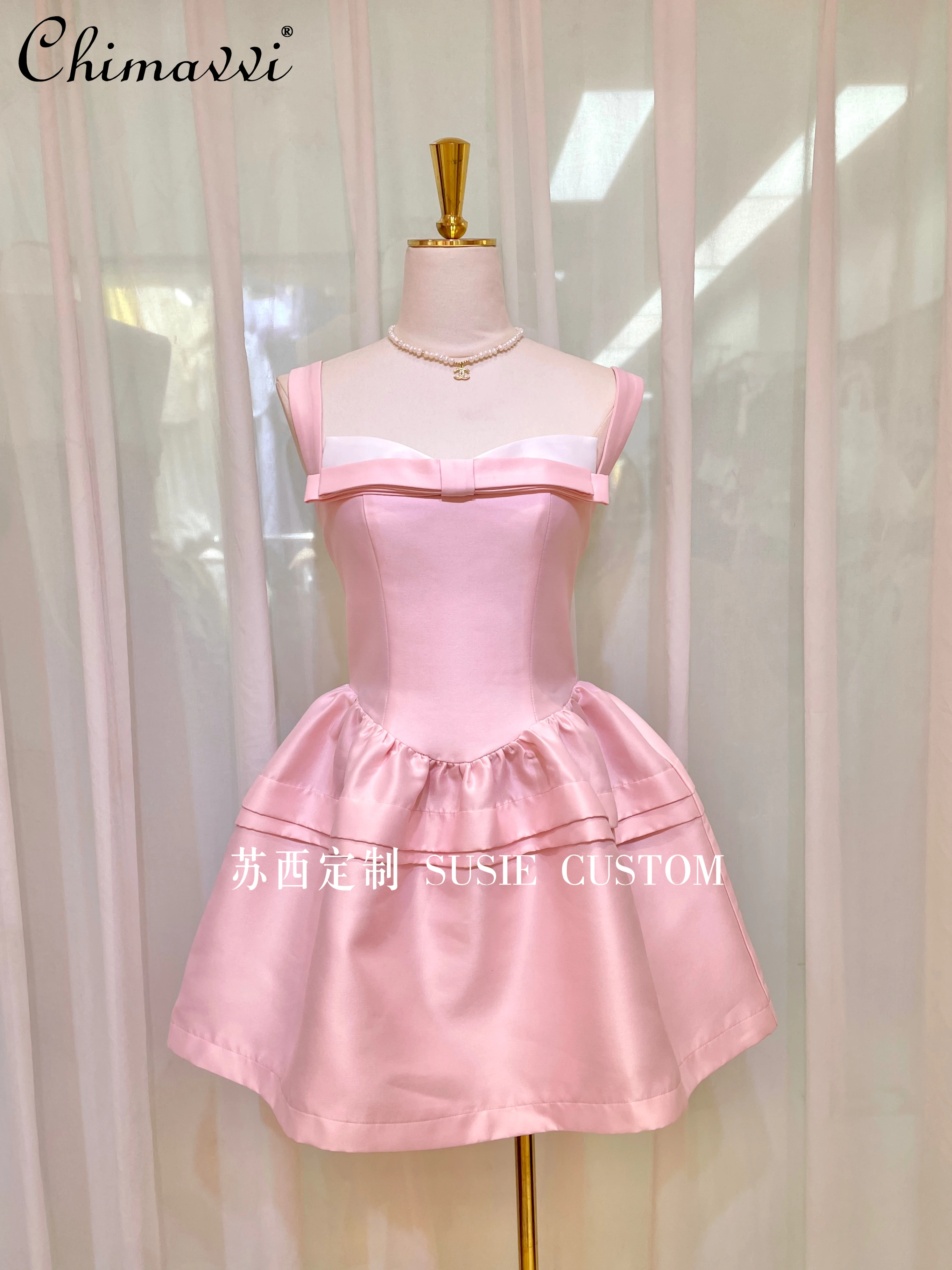 

French Retro Bow Splicing Suspender Dress Women's 2025 Summer New Fashion Waist Slim Elegant Princess Style Puffy Dresses
