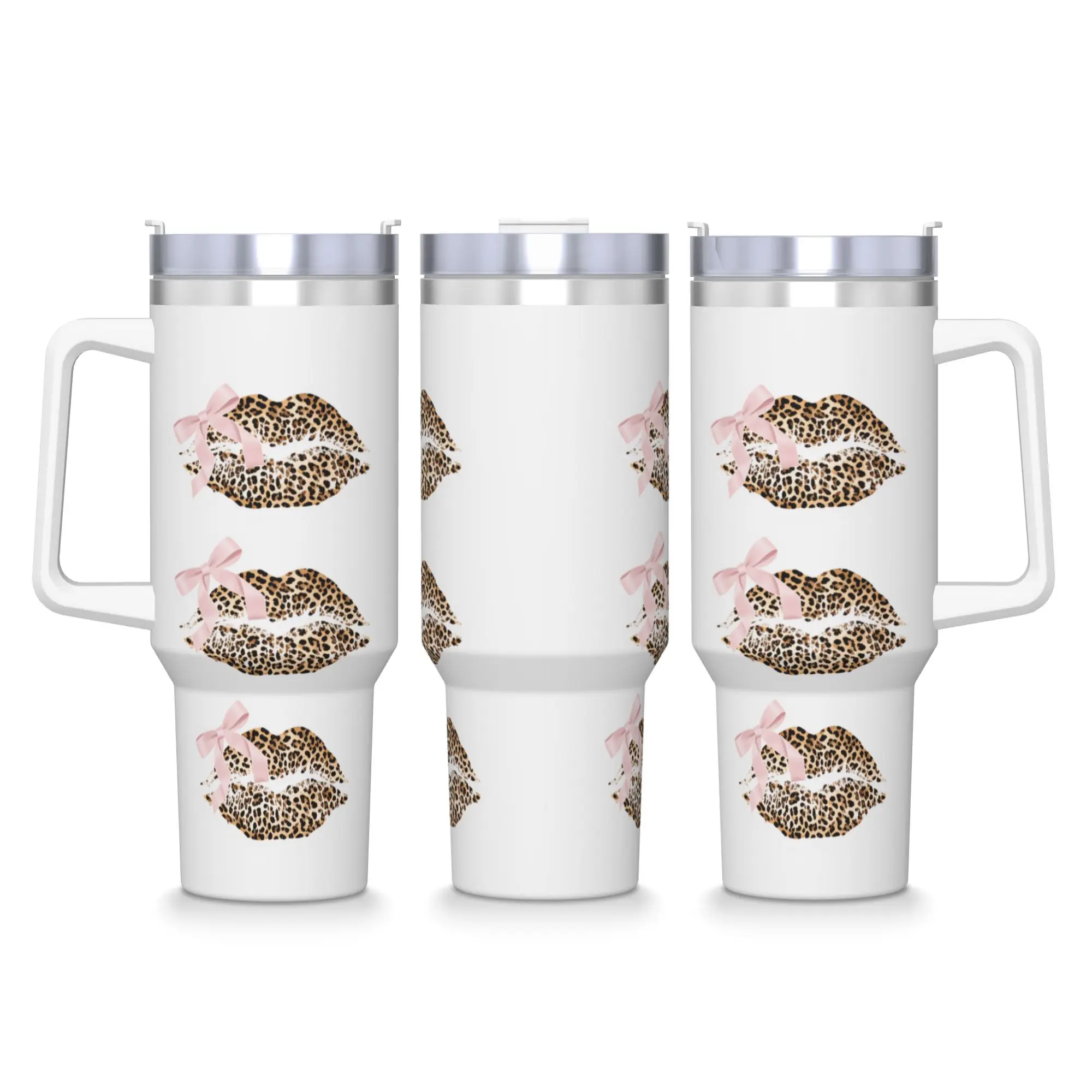 Leopard & Card Print Stainless Steel Tumbler  Travel Coffee Mug With Straws and Lid Large Mugs Cup Hot Drinks Water Bottle