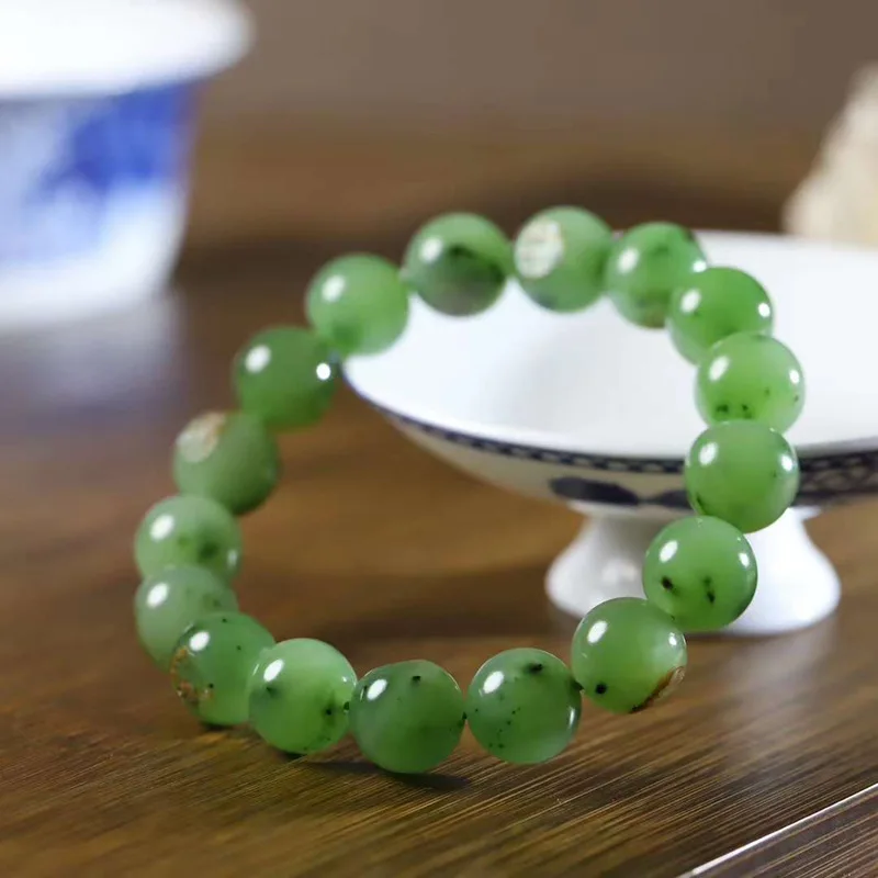 Natural Xinjiang Hetian Russian Material Jasper Cute Color Pearl round Jade Bracelet with Certificate