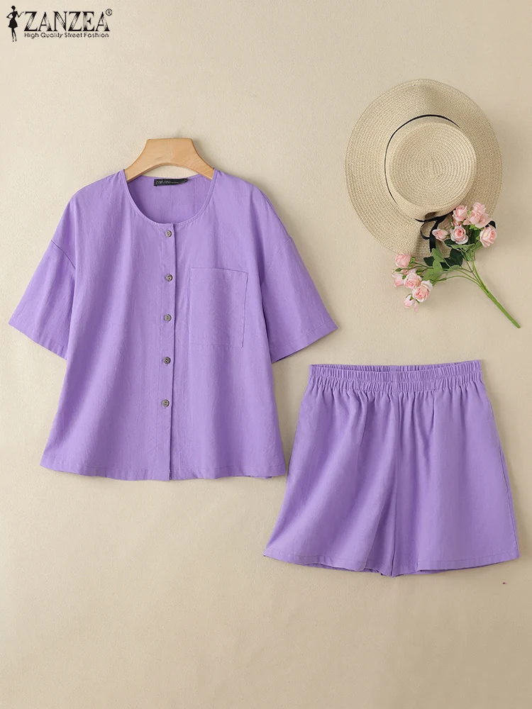 

ZANZEA Summer 2PCS Short Sleeve Blouse Short Sets Women Outfit Fashion Matching Sets Casual Solid Cotton Tracksuit Oversize 2025