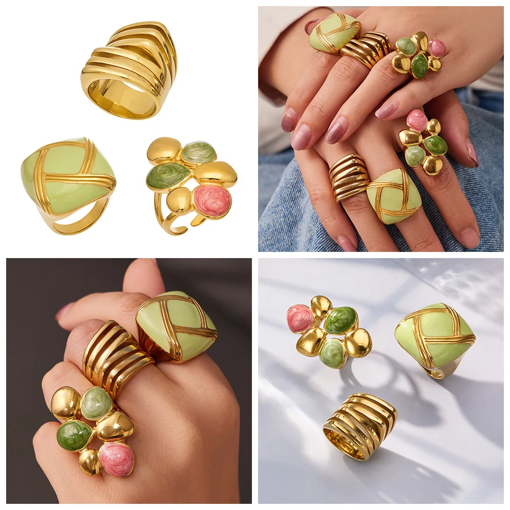 Übertrieben Bunter Emaille-Tropfenring aus 316L Edelstahl mit 18K Goldplattierung für Damen, Wasserfest und Farbecht – Detail 1