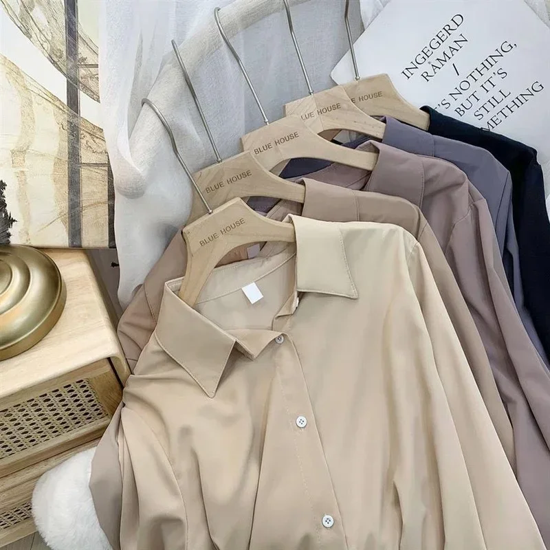 Chiffon Shirts for Women  Button Up Blouses Casual Elegant Office Ladies Turn Down Collar Long Sleeve Fashion Tops NEW