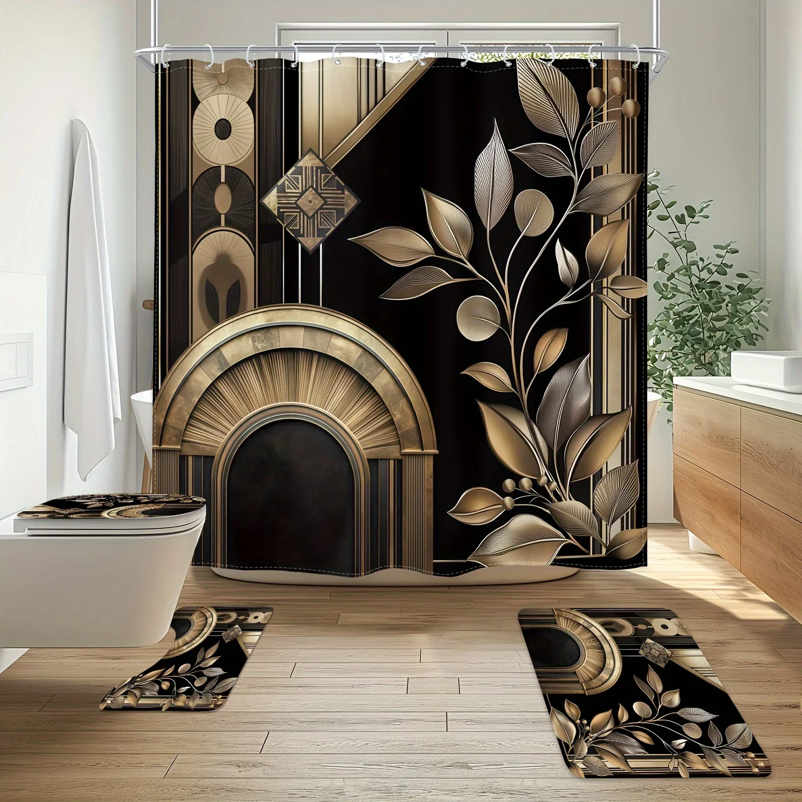 

Набор из 4 черных и золотых абстрактных занавесок для душа, современный дизайн середины века, водонепроницаемый - включает нескользящий коврик для ванной с крючками