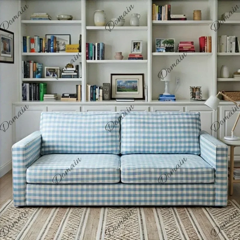 Modern Nordic cream style Japanese plaid removable washable fabric casual French medieval living room blue and white plaid sofa