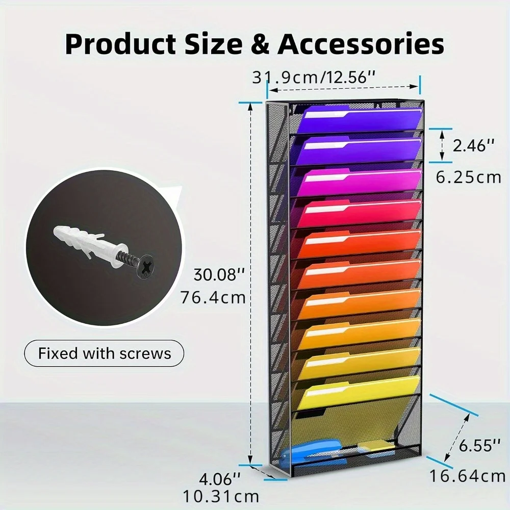12 Tier Mesh Metal Wall Mounted File Organizer, Magazine File Paper Holder, Office and Home Wall Mounted File Organizer