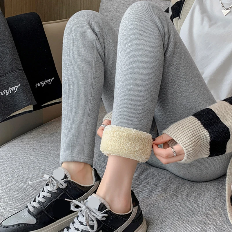 الشتاء رشاقته الحرارية طماق النساء مريحة عالية الخصر مرونة بناطيل تدفئة امرأة صوف مبطن المخملية إبقاء بناطيل تدفئة #3