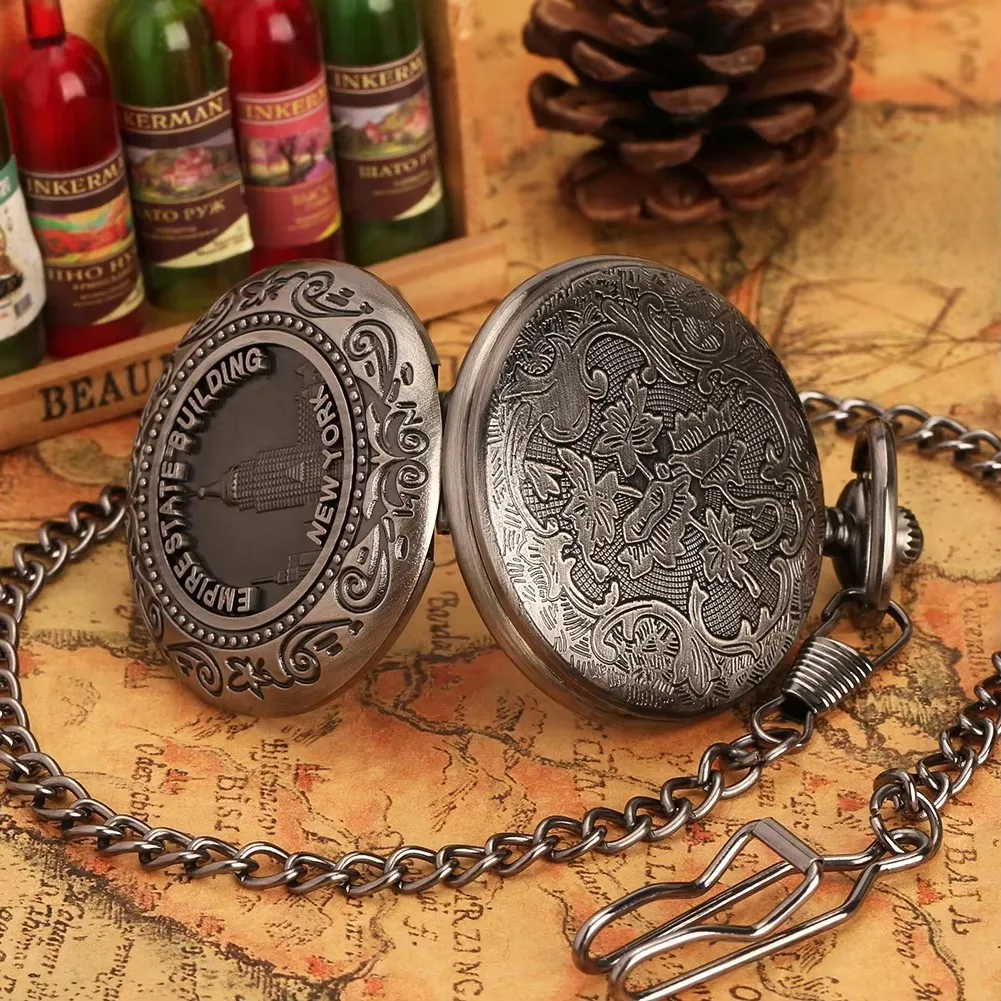 ساعة جيب كوارتز ستيمبانك للرجال ، نيويورك الشهيرة ، تذكار بناء الدولة الإمبراطورية ، سلسلة فوب ، هدية الساعة