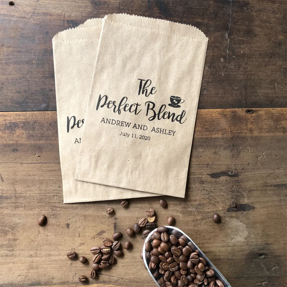 Coffee Favor Bags that say The Perfect Blend and are personalized for the bride and groom and sold in sets of 50