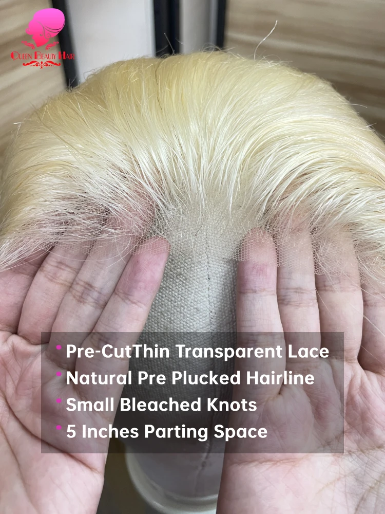 613 Бесклеевые парики из человеческих волос 5x5 Парик с закрытием шнурка Remy Прямой блондин Предварительно выщипанный бесклеевой парик 100% парики из человеческих волос Готовые к работе