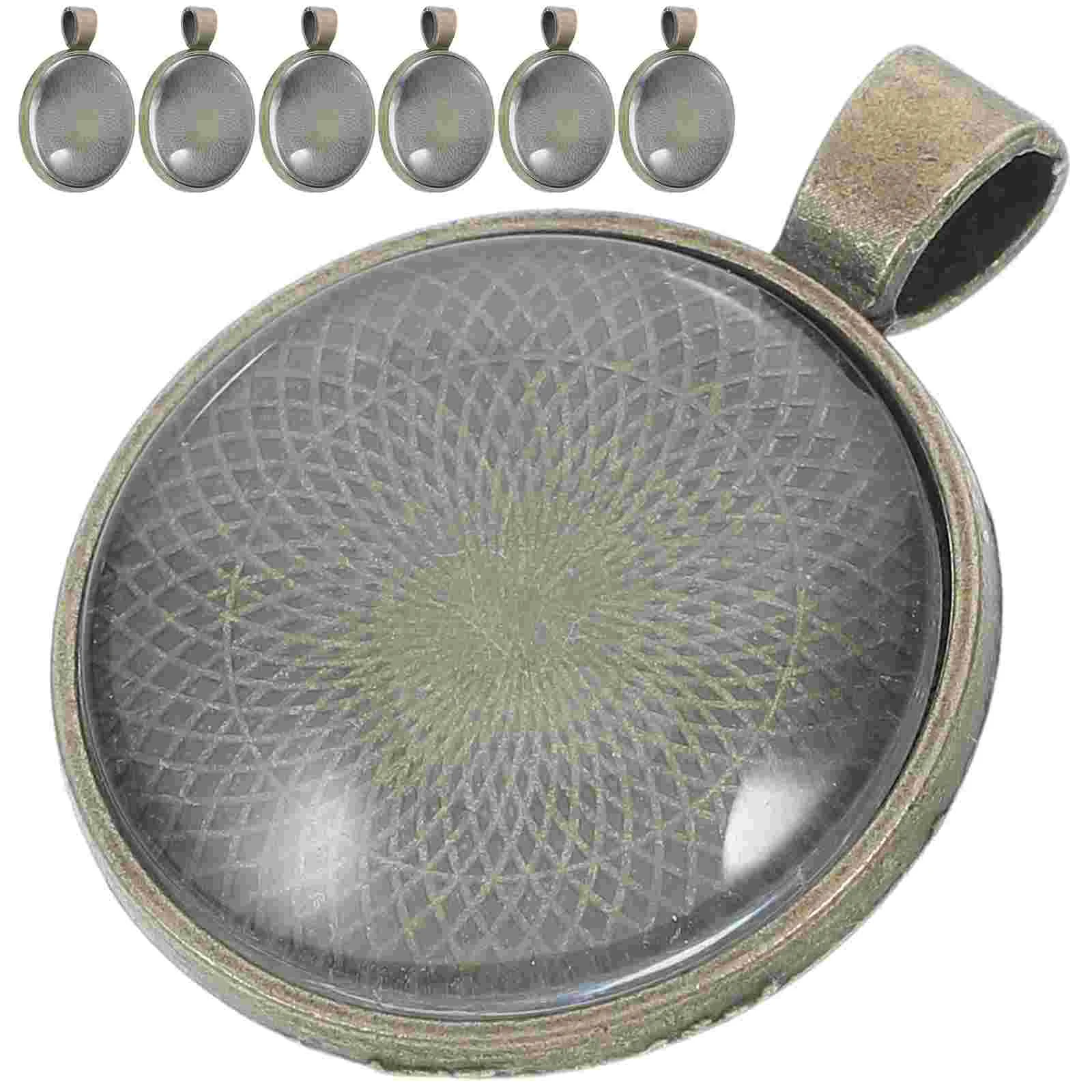 Kit Round Pendant Border Blank Trays Bezel Silver DIY Charms Photo with Glass Cabochon