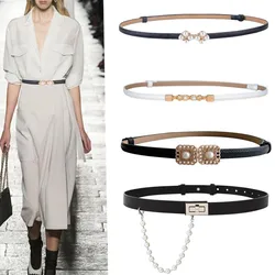 New Adjust PU Leather Pearl Cummerbunds Dress Belts Girdle Thin Women Skirt Waistbands Gold Aloy Buckle Strap Belts Pasek Damski