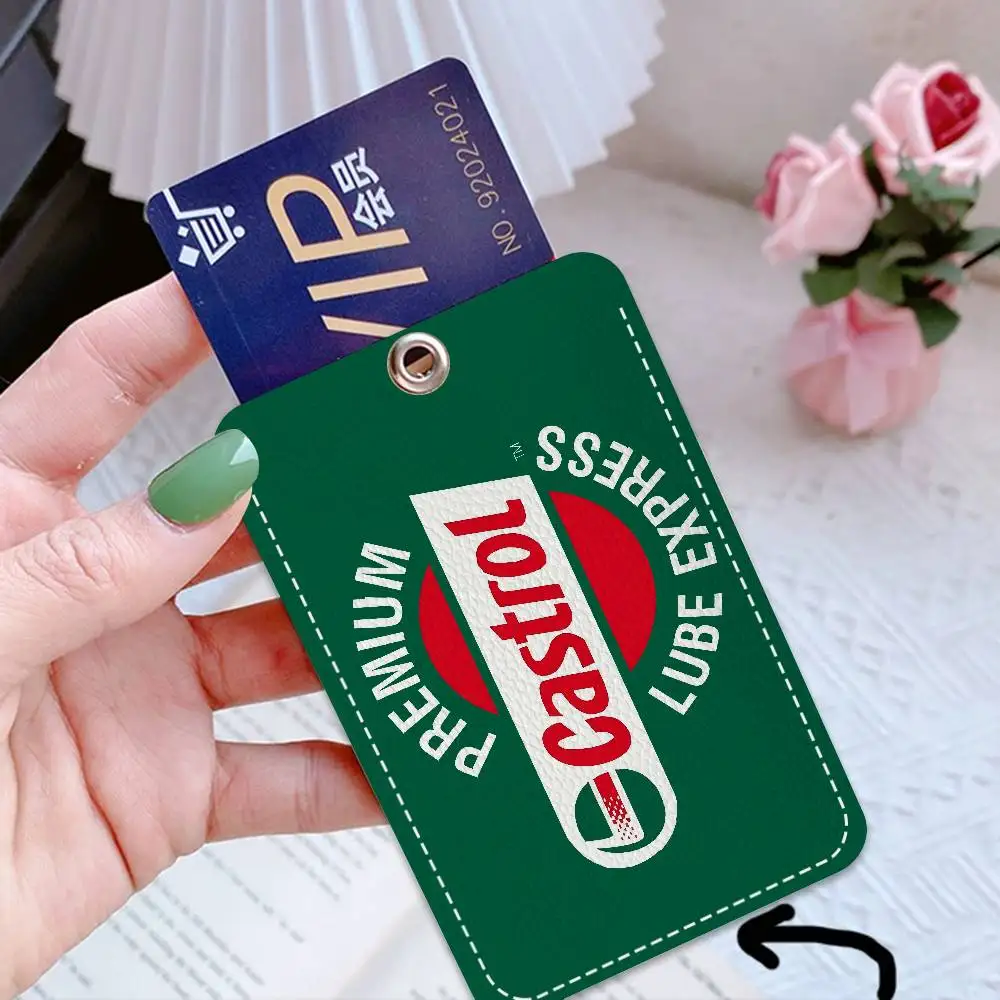 C-Castrol Logo 1Pc PU Leather Card Holder Keychain Key Ring Door Lock Access Tags ID Card Case Keychain Card