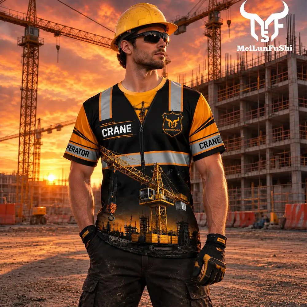 2026 New Men's Tower Crane Lifting 3D Printed T-Shirt Summer Breathable Workwear For Construction Workers Outdoor Work Top