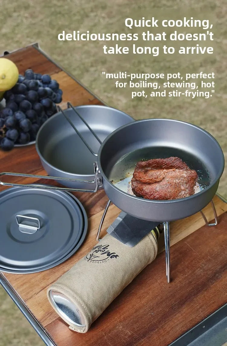 Ultra-Light Pure Titanium Frying Pan 1L/1.2L/1.8L Non-Stick Camping Skillet with Foldable Handle & Lid for Backpacking