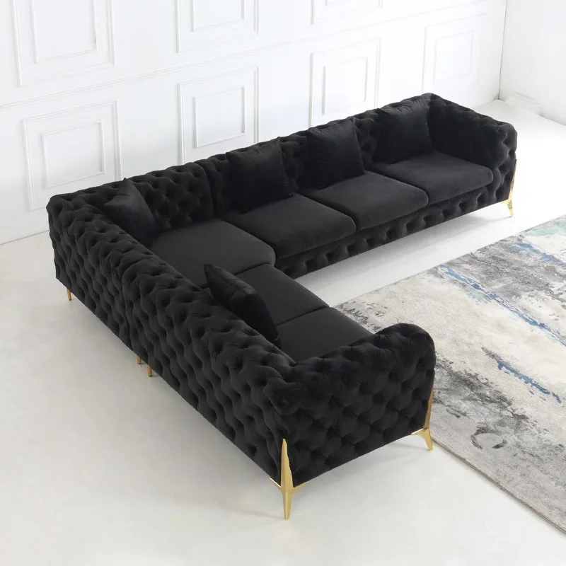 Villa large flat living room sofa pull button corner combination sofa