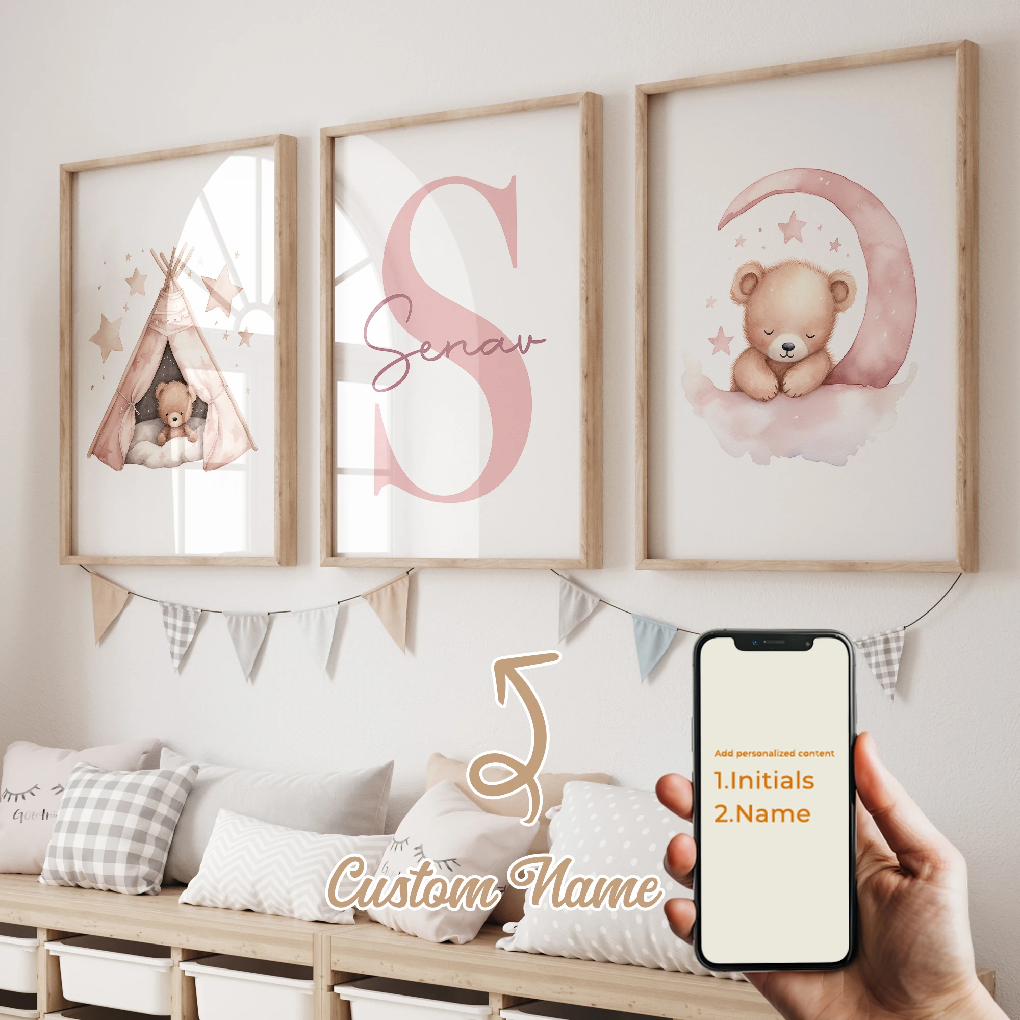 3 قطعة اسم مخصص شخصية الكرتون الوردي دمية دب جدار الفن طباعة صورة قماش المشارك اللوحة لغرفة المعيشة ديكور المنزل #1