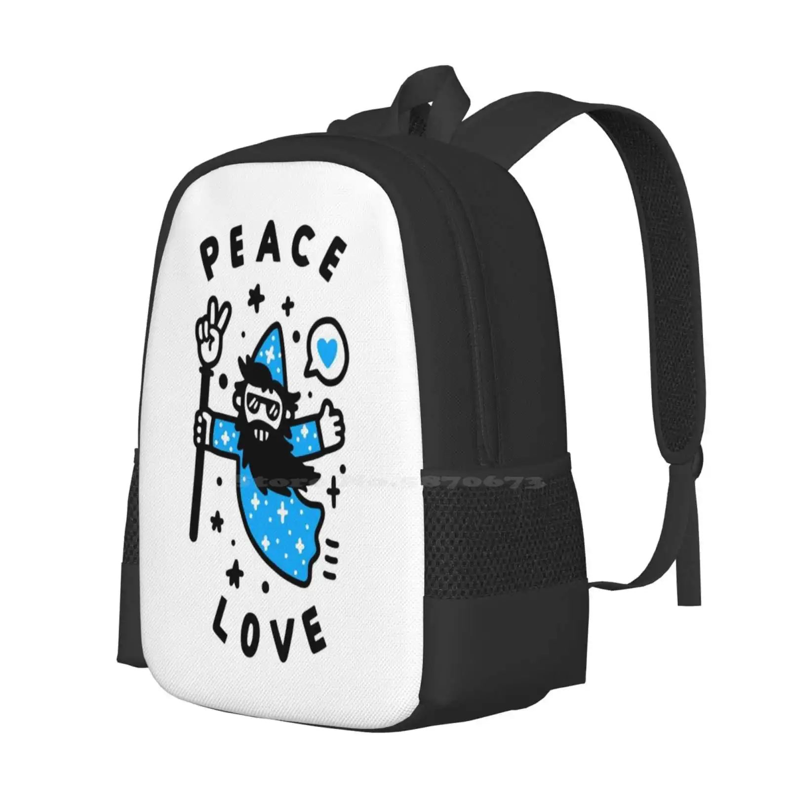 Coolest Wizard Pattern Design Laptop Travel School Bags Hippie Cool Cute Magical Stars Peace Out Peace And Love Blue White