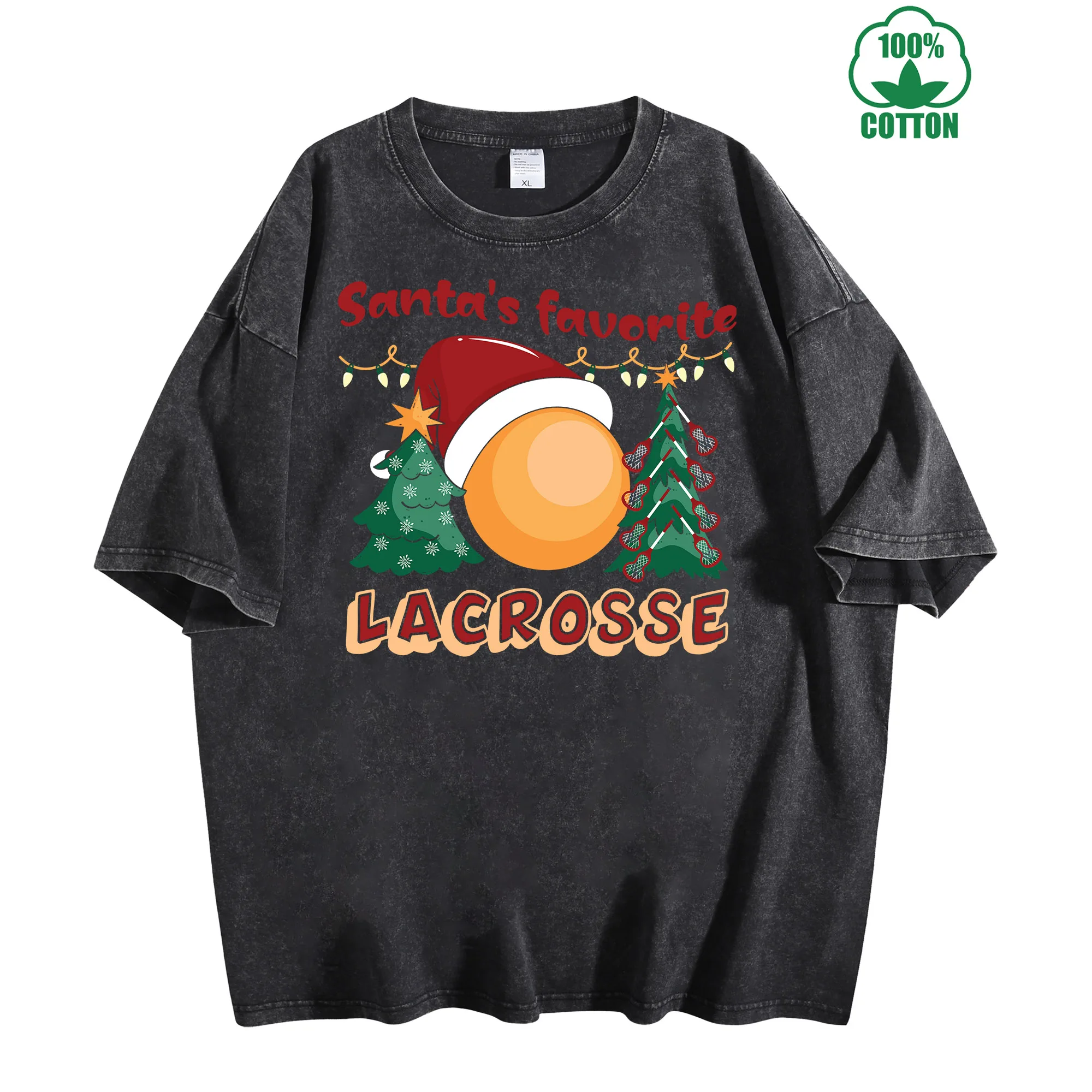 Christmas Lacrosse Vintage Washed T-Shirt 230g 100% Cotton Unisex Comfortable Oversized Streetwear