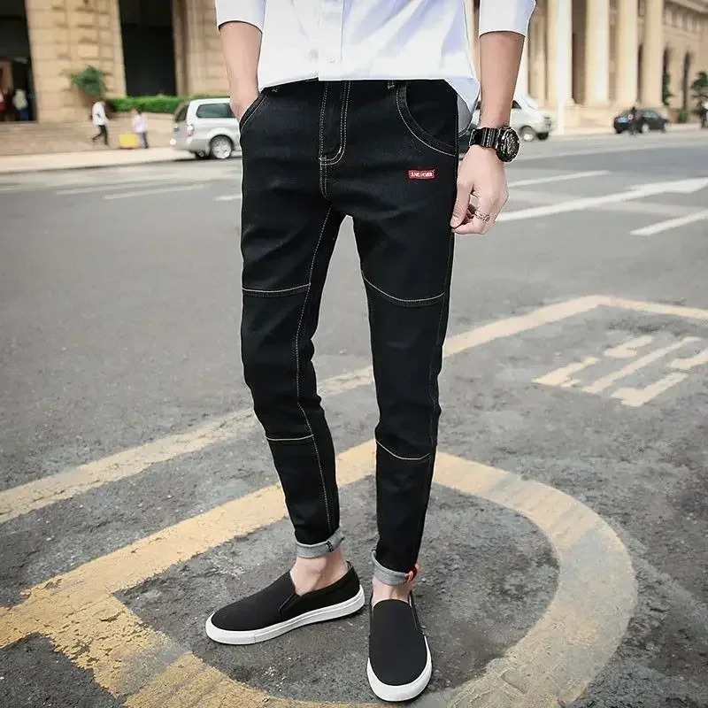 Male Cowboy Pants Stretch Trousers Tight Pipe Black Jeans for Men Tapered Elastic Skinny Slim Fit 90s Streetwear Cheap Cotton Xs