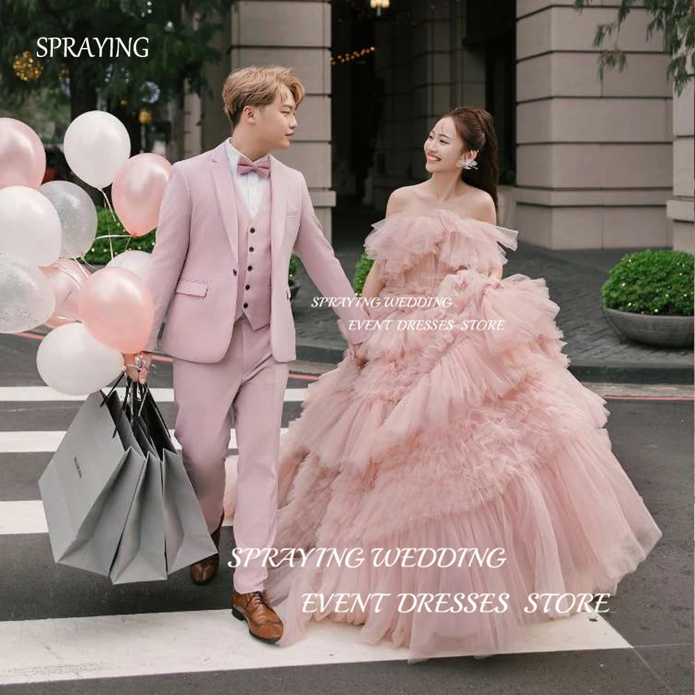 SPRAYING Princess Baby Pink Layered Tulle Wedding Dresses Photoshoot Strapless Korea Evening Gowns Formal Party Dress Gorgeous