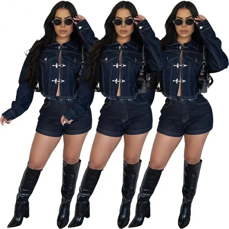 

Autumn Winter Denim 2 Piece Sets Outfit Women Long Sleeve Crop Jacket and Stretchy High Waist Shorts Suits