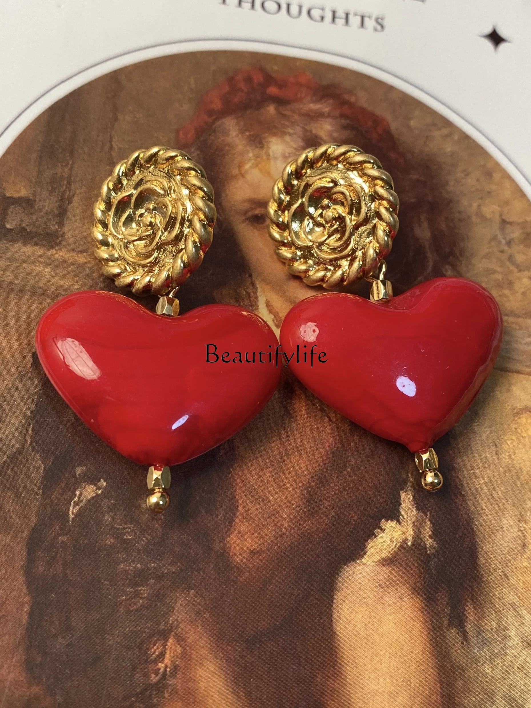 Hand-Fired Glass Earrings, Retro Sweet Loving Heart, European and American Exaggerated Ear Clip, Middle-Ancient Ear Clip