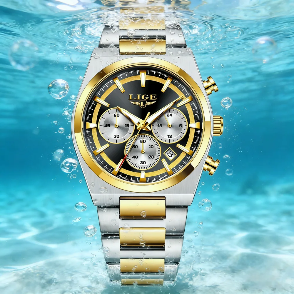 

Мужские часы LIGE, модные деловые кварцевые наручные часы, водонепроницаемые, из нержавеющей стали, с хронографом, светящиеся, с автоматической датой, для мужчин