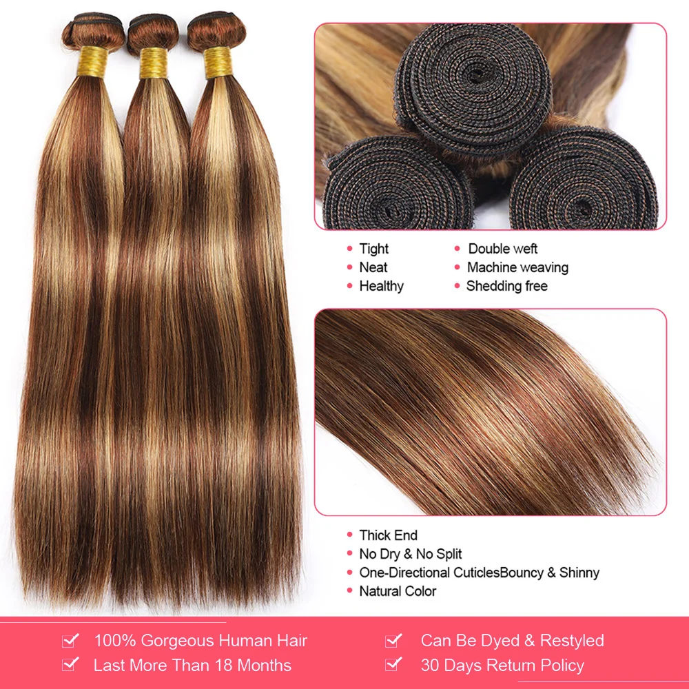 Highlight Human Hair Bundles 10A P4/27 Brazilian Raw Hair Weave Bundles Honey Blonde Straight Human Hair Bundles Hair Extensions