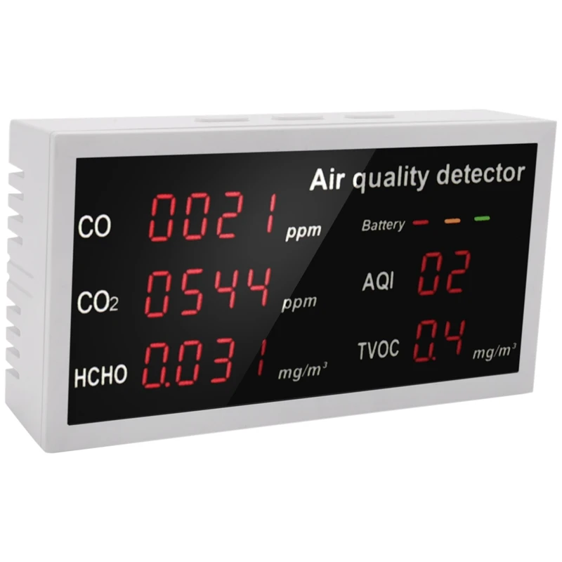 5-in-1 multifunctionele luchtkwaliteitsmonitor met LED-display Luchtvervuildetector voor CO/CO2/HCHO/AQI/TVOC buiten binnen