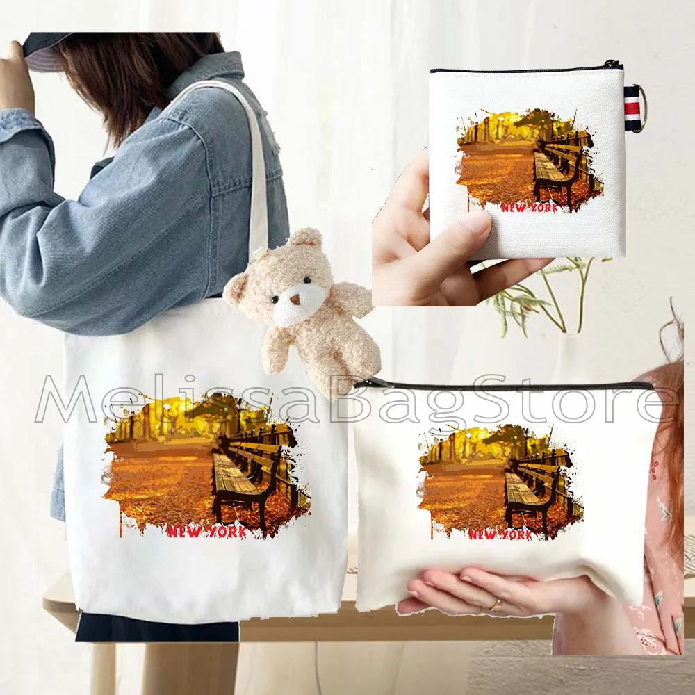 4PCS Gift Set New York City Black Canvas Tote Bag Handbag with Doll Key Coin Purse Cosmetic Makeup Toilet Bag Case Pouch