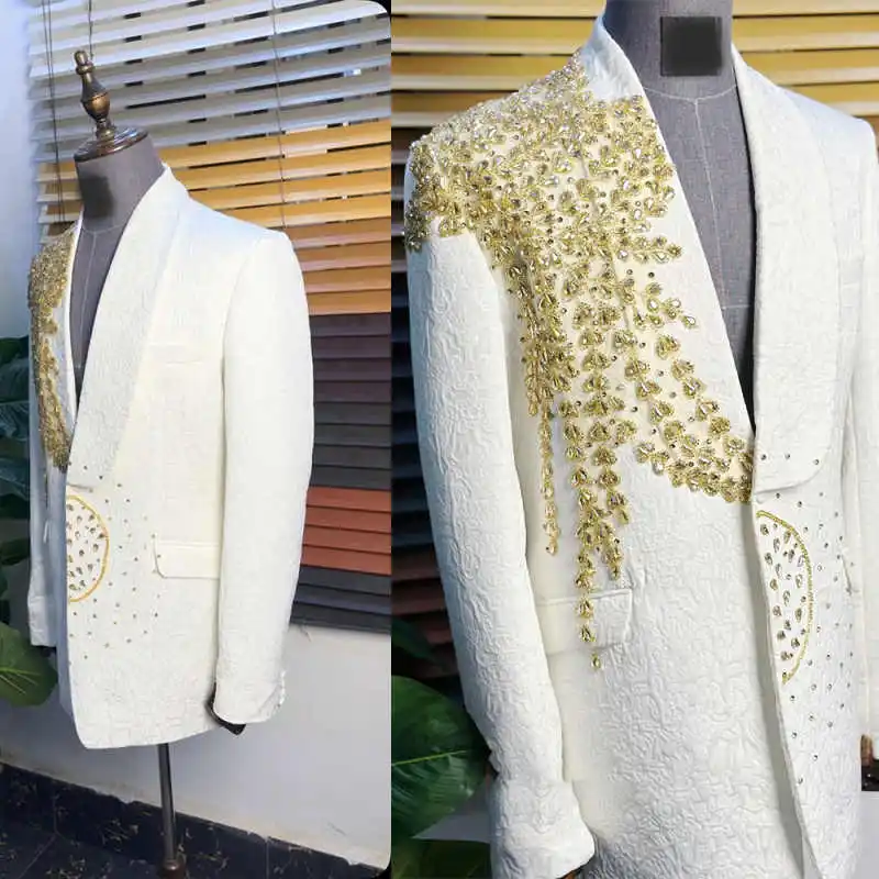 

Luxury Jacquard Wedding Groomsmen Tuxedos Crystal Rhinestones Men Suits 1 Piece Jacket Prom Evening Party Customized