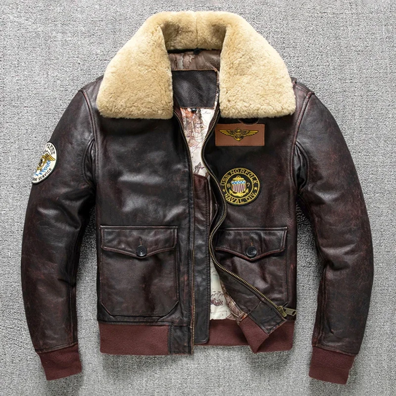 

Air Force Flight Jacket Fur Collar Genuine Top Layer Cow Leather Jacket Men Brown Cowhide Men's Winter Military G1 Jacket 6XL