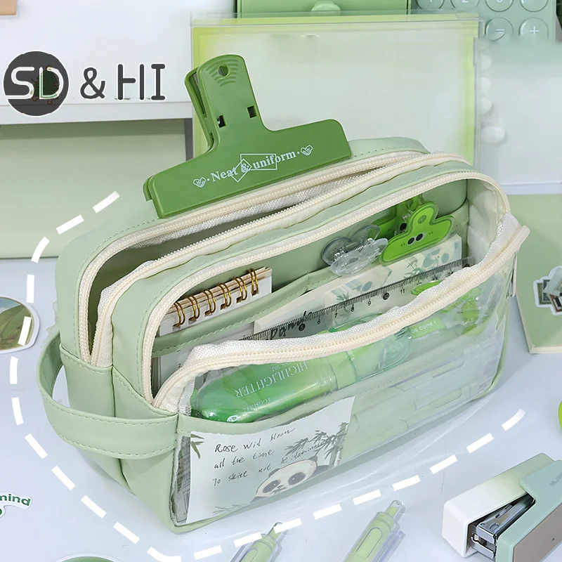 New Large Capacity Cartoon Transparent Pencil Case Minimalist Style Student Pencil Case Portable Multi-layer Stationery Bag