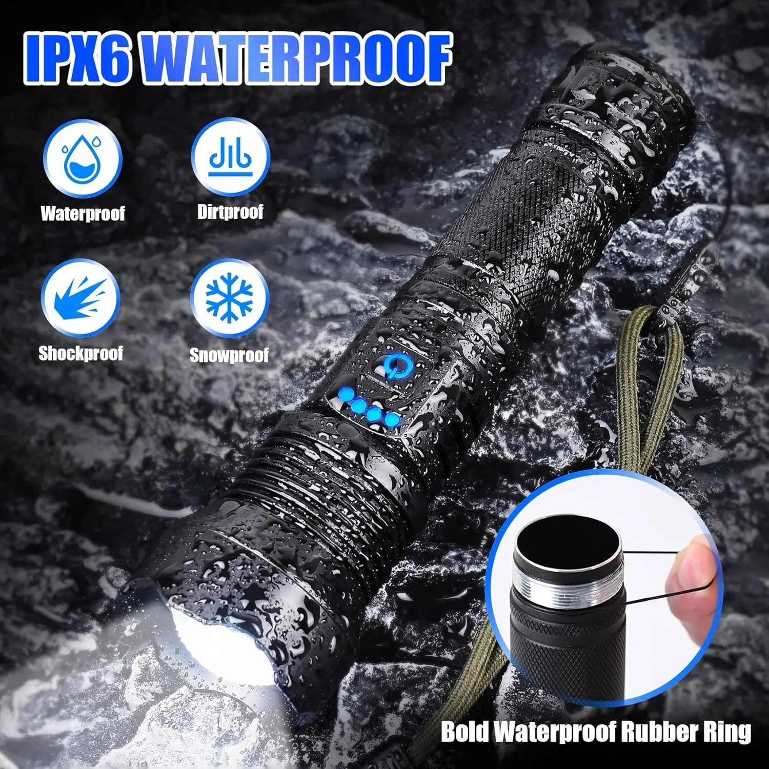 Rechargeable LED Flashlight High Lumens, 5 Modes Zoomable Waterproof for Camping Emergency