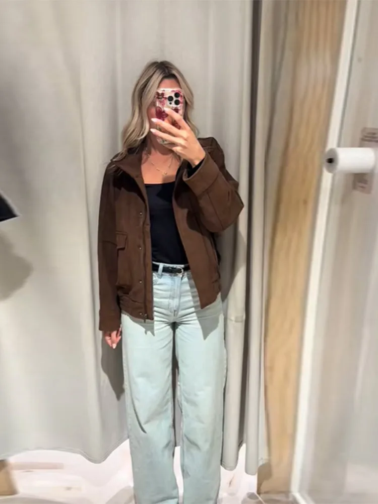 Dames Vintage Chic Faux Suède Jas Jas Losse Opstaande Kraag Bijgesneden Bruin Herfst Winter Demi-seizoen Bovenkleding Vrouwelijke Outfit