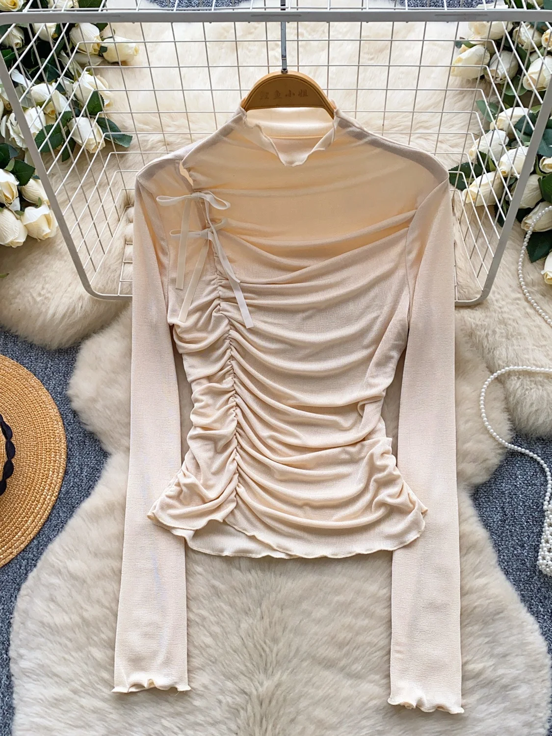 

Slim Fit High Collar Long Sve Women's T-irt Elastici Pure Desirable Aosphere Faion Korean Sle Commute Wind