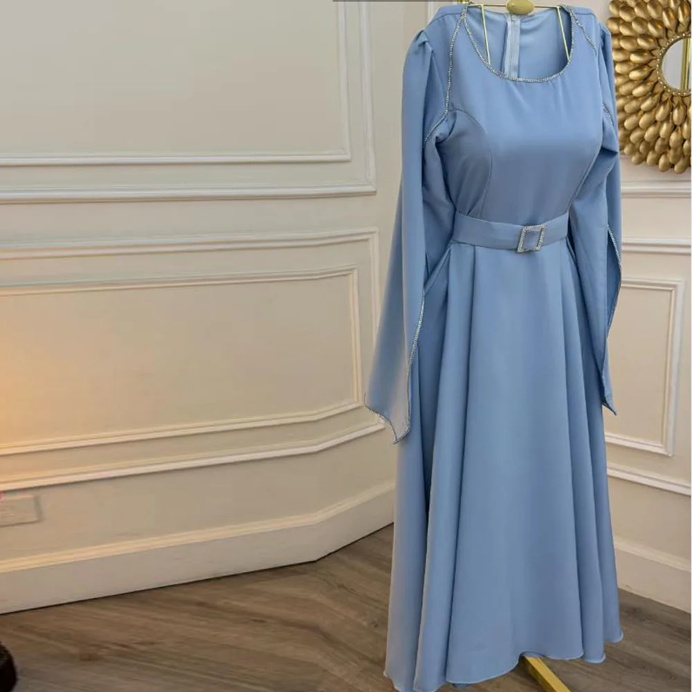 Синие платья для выпускного вечера по индивидуальному заказу, длиной до пола, с разрезом на рукавах, вечернее платье трапециевидной формы, расшитое бисером, с круглым вырезом, платье на день рождения